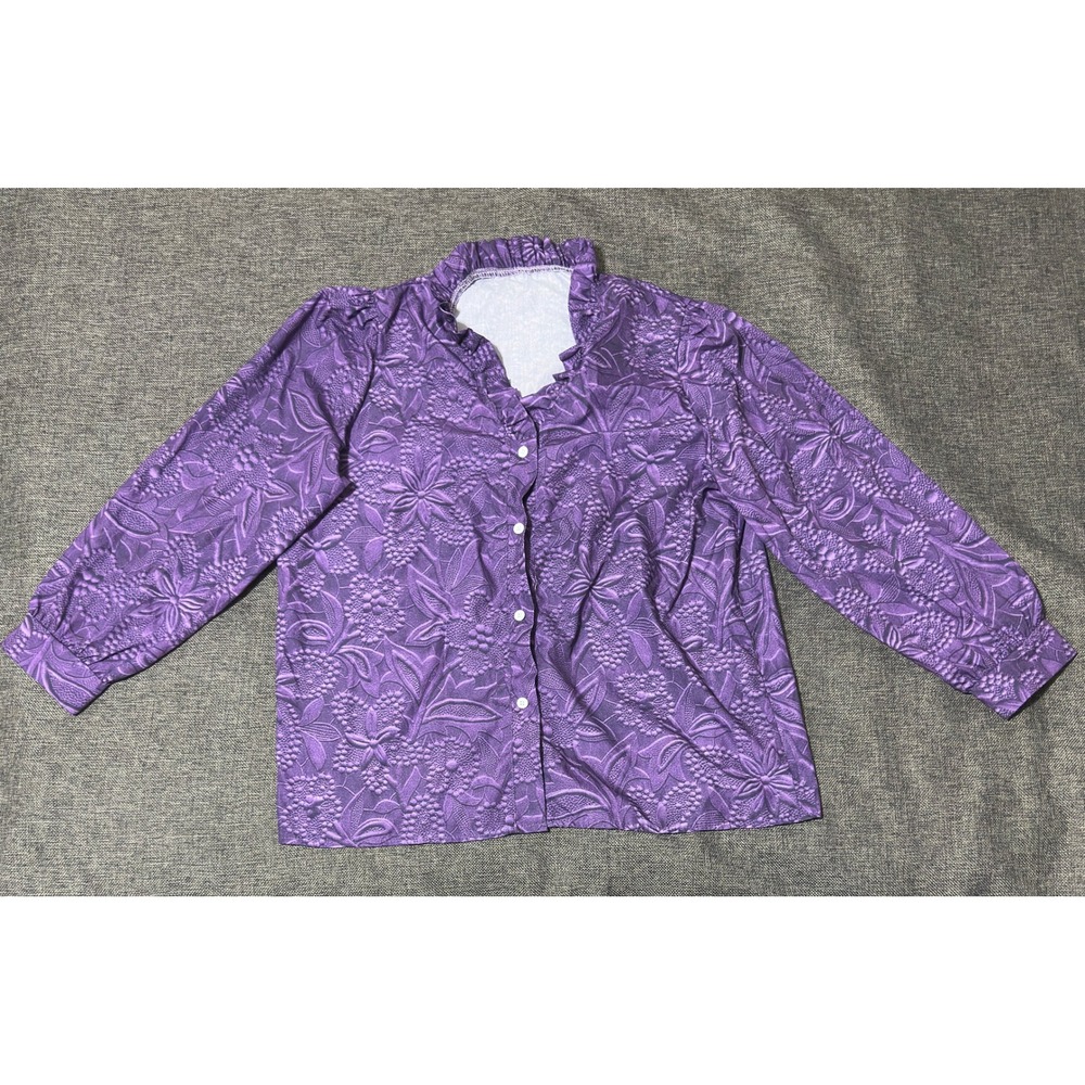 Unbranded Womens XL ButtonDown Shirt Purple Floral Textured Ruffle Neck Long Slv